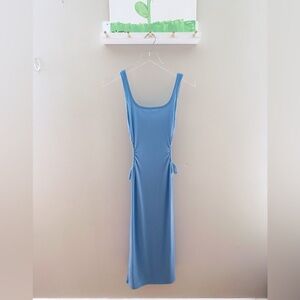 Pretty Garbage Blue Ribbed Midi Dress – Scoop Neck Side Ruched Cutout Detail